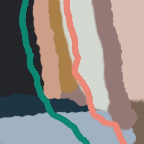 Retro 70s pastel abstracte kunst in blauw, paars, roze, goud en groen.