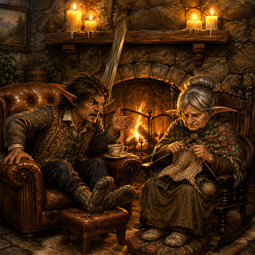 Ein gemütliches Kobold-Pärchen am Kamin