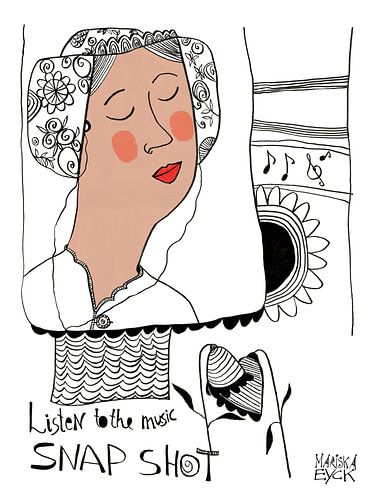 naar de muziek luisteren, traditioneel Nederlands meisje, meestal zwart-wit tekenen