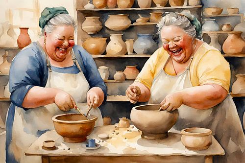 2 gezellige dames op leeftijd hebben plezier tijdens het pottenbakken