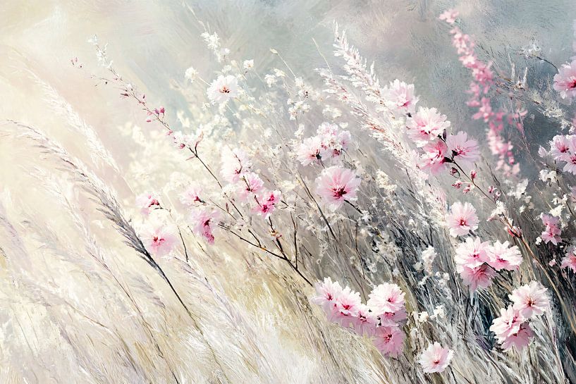Soft pink flowers in grass by Art & Soul Creations