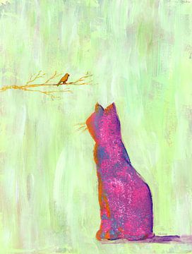 Pink Cat and Orange Bird Acrylic Painting by Karen Kaspar