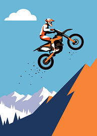 Motocross rider soaring over snowy mountain with bright blue clear sky