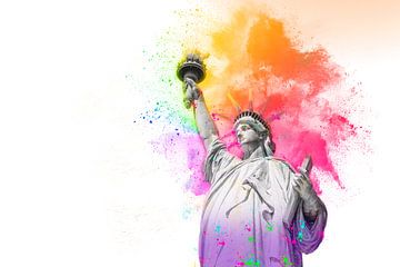 Statue of Liberty with colorful rainbow holi paint powder explosion isolated on white background by Maria Kray