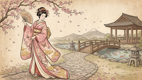 Graceful Geisha Beneath Cherry Blossoms