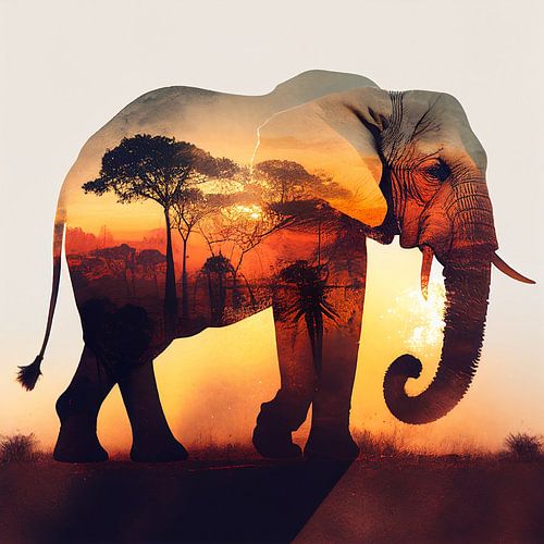 Olifant bij zonsondergang op Afrikaanse savanne