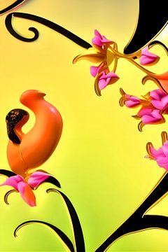 Bright Yellow and Flowers II - oranje vogel en gestileerde roze bloem - art print illustratie van Lily van Riemsdijk - Art Prints with Color