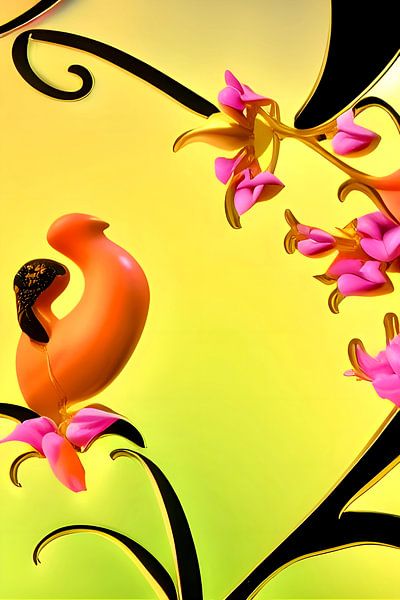 Bright Yellow and Flowers II - orange bird and stylized brittle flower - art print illustration by Lily van Riemsdijk - Art Prints with Color