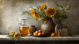 Ochre and Amber – Romantic Sunflower Still Life by Joriali Fine Art
