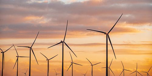 Windturbines in windpark tijdens zonsondergang