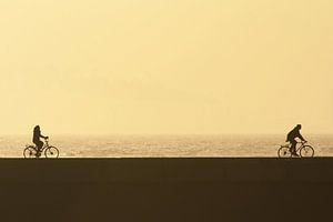 Man en vrouw fietsen bij zonsondergang