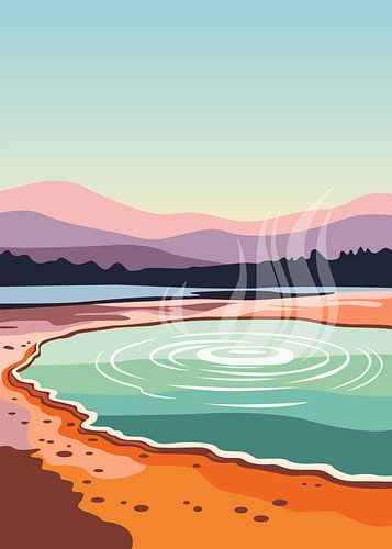Flache Naturlandschaft als Vektorillustration: ein dampfendes geothermisches Thermalbecken vor dem Hintergrund einer Berglandschaft