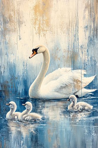 Zwaan met jongen op water