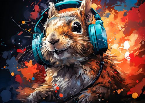 Funny squirrel listening to music