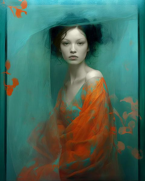 Modern portret in oranje en blauw van Carla Van Iersel