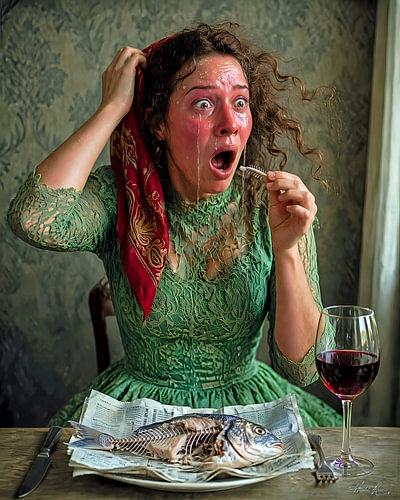 Vrouw die stikt in een visgraat, geschokt gezicht, huilend, zweet aan de eettafel