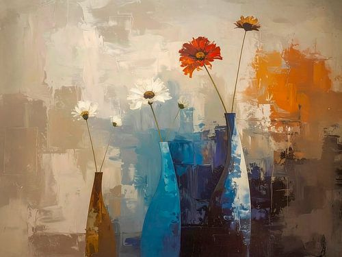 Stilleven. Modern Minimalisme.  Drie vazen met bloem