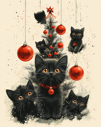 Black Kittens with Christmas Ornaments