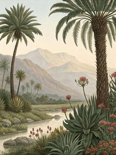 Oase in de woestijn bij zonsopgang