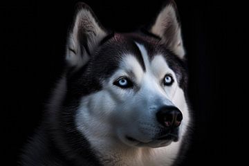 Siberian Husky Portrait Schwarzer Hintergrund von Digitale Schilderijen