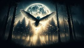 Nächtlicher Flug des Schneeeulenvogels bei Vollmond