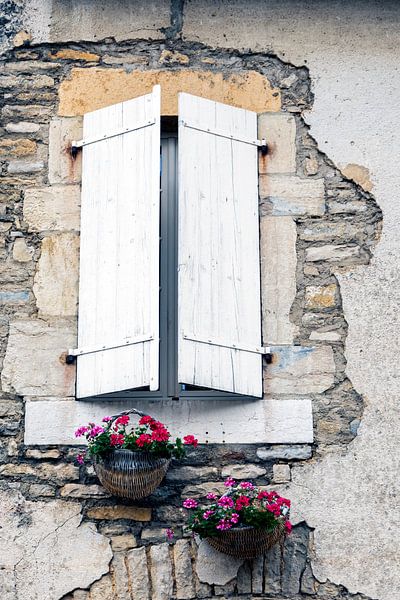 Old wall with French window fitted with shutters and flowers by Fika Fotografie