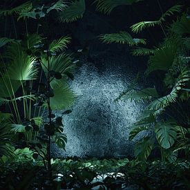 Tropische Hintergrundkulisse umgeben von Dschungelbäumen mit Lichtspot von Besa Art