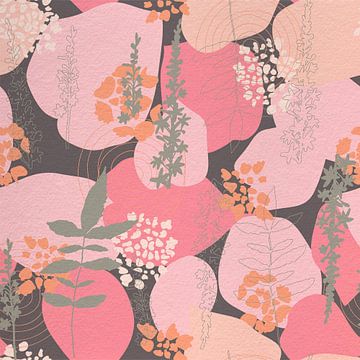 Bloemen in retro stijl. Moderne abstracte botanische kunst in roze, oranje, grijs van Dina Dankers