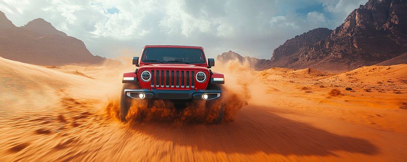 Rode Jeep Wrangler bij zonsondergang in de duinen van Lufy