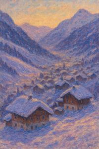 Alpendorf Winter Blue Hour – Gemütliche verschneite Hütte Impressionistische Kunst
