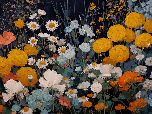 Jardin fleuri dans les tons ocre et indigo sur Thea