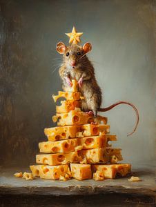 Weihnachtsmaus mit Käsebaum und Stern - humorvolles Ölgemälde