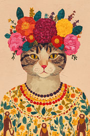 Flower-Crowned Cat – Illustration in the style of Frida by Marco Müller-Vo