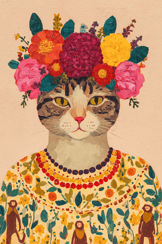 Kat met bloemenkrans – illustratie in Frida-stijl