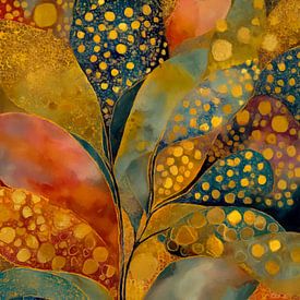 Sprookjesbos – Abstracte Tak met Bladeren in Blauw, Goud en Rood van Whale & Sons