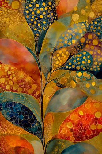 Fairytale Forest – Abstract Branch with Leaves in Blue, Gold and Red