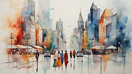 abstrakte Aquarellmalerei Menschen in der Stadt
