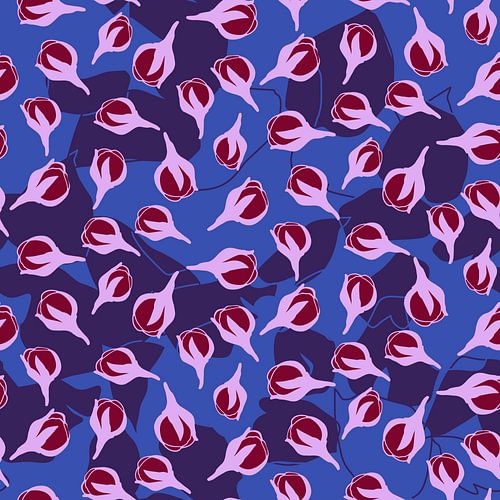 Bloemenmarkt Tokio. Bloesem in kobaltblauw en wijnrood.