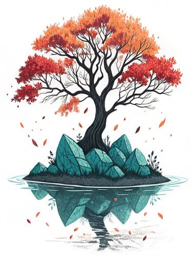 Grillige herfst eilandboom met reflecterend water en drijvende bladeren