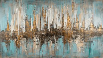 Modern en abstract: Skyline in blauw en goud van Studio Allee