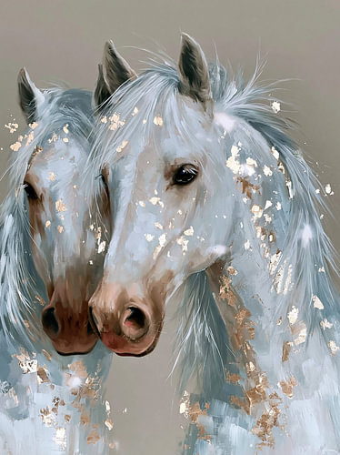 Twee witte paarden met goud