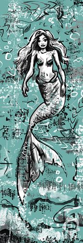 Zeemeermin street art kunstwerk in aqua blauw
