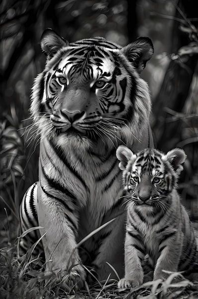 Zwart-wit tijger met jong in natuur van Art & Soul Creations