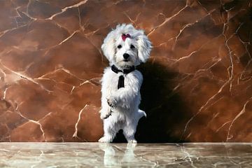 White dog stands against brown marble wall by Maud De Vries
