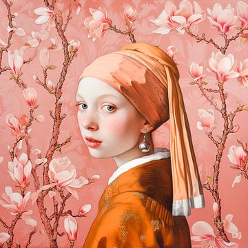 Girl with a pearl earring in orange peach colour by Vlindertuin Art