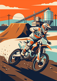 Un pilote de motocross négocie un virage sur une piste de terre près du silo d'une usine industrielle