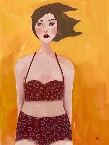 Bikini girl, illustratief, naïeve kunst. Vrolijk schilderij met rood en oranje