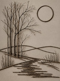 Minimalist arrangement of branches featuring the moon and trees