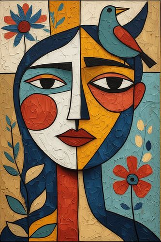 Kleurrijk kubistisch vrouwenportret met vogel en bloem – Moderne abstracte volkskunst