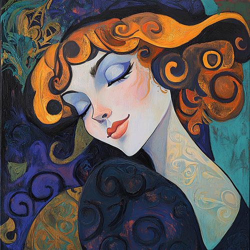 Femme aux cheveux ondulés et aux motifs